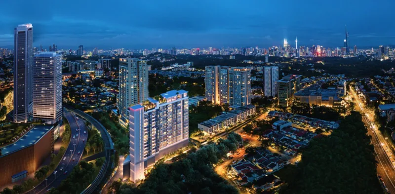 111 Menerung Aerial view of the development and surrounding Bangsar cityscape at night, with distant Kuala Lumpur skyline featuring the Petronas Twin Towers and KL Tower. in Bangsar, Freehold property development, render