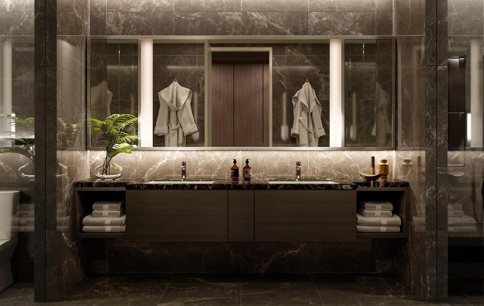 111 Menerung Luxury bathroom vanity with double sinks, marble finishes, and bathrobes hanging on mirrors. in Bangsar, Freehold property development, render