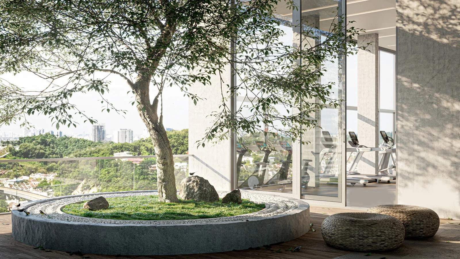 111 Menerung Outdoor terrace with a tree and seating, adjacent to an indoor gym with treadmills, overlooking a city view. in Bangsar, Freehold property development, render