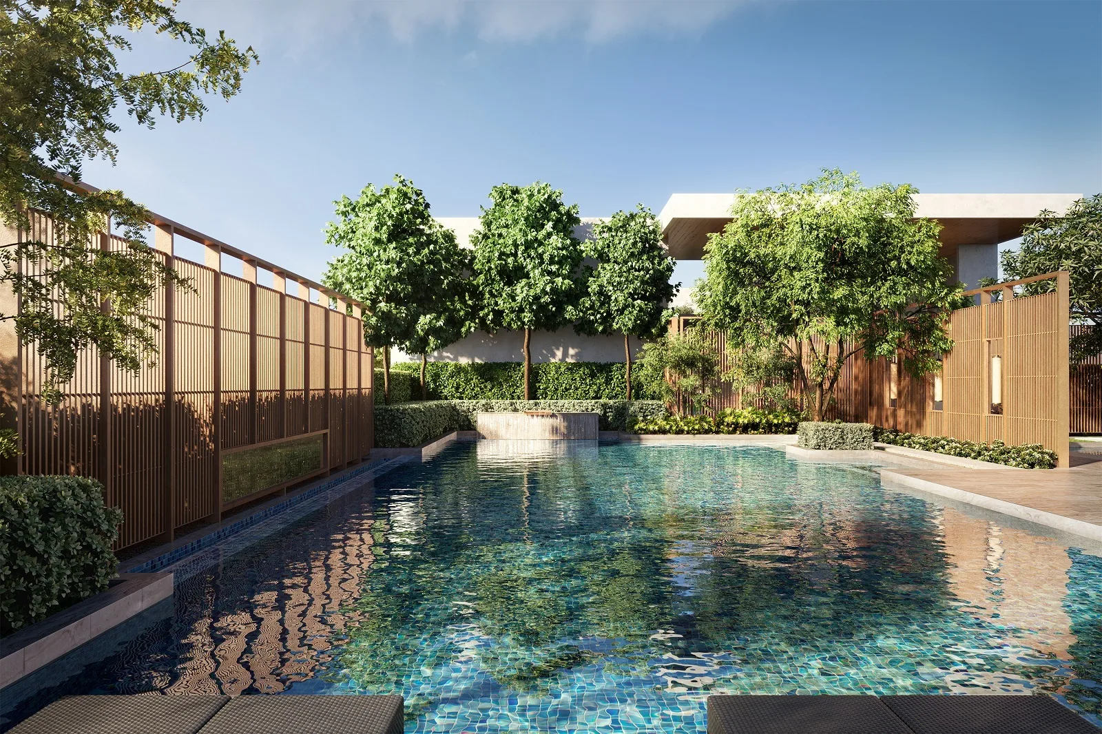 111 Menerung swimming pool with lush landscaping and modern architectural elements in Bangsar, Freehold property development, render