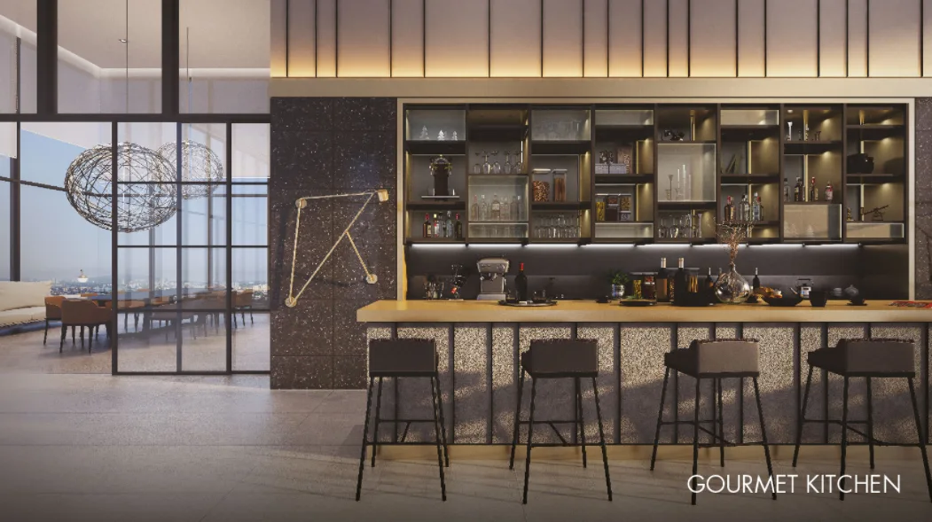 Akasa Cheras South Image shows a gourmet kitchen with bar stools, countertop, and display shelves. in Cheras, Freehold property development, render