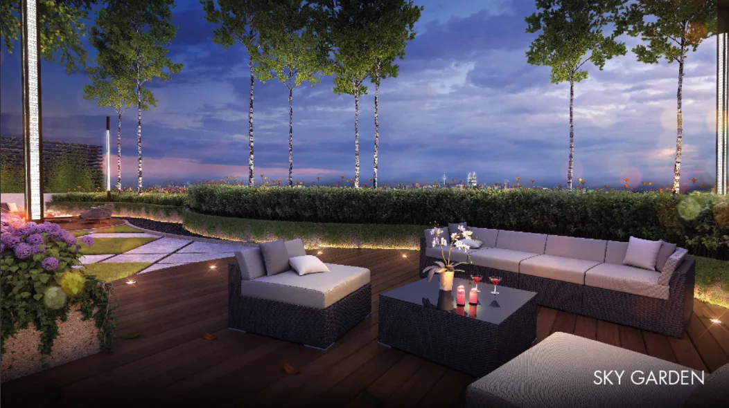 Akasa Cheras South Sky garden with outdoor seating and city view in Cheras, Freehold property development, render