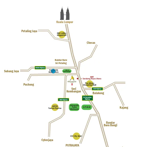 Alamanda Heights @ Seri Kembangan This is a location map showing the proximity of Alamanda Heights to Kuala Lumpur and other surrounding areas like Petaling Jaya, Puchong, and Putrajaya. It highlights nearby landmarks and highways. in Seri Kembangan, Freehold property development, location-map