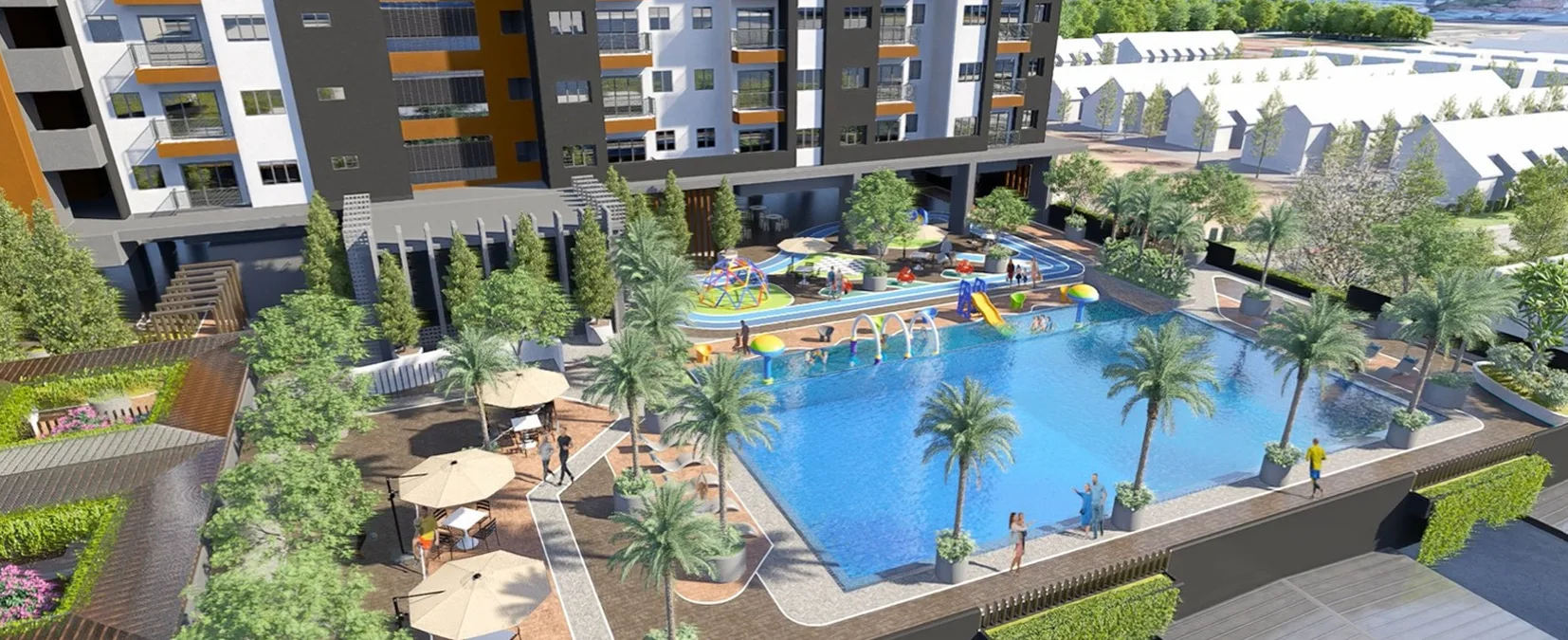 Alamanda Heights @ Seri Kembangan The image shows a swimming pool and recreational area with a building in the background. in Seri Kembangan, Freehold property development, render
