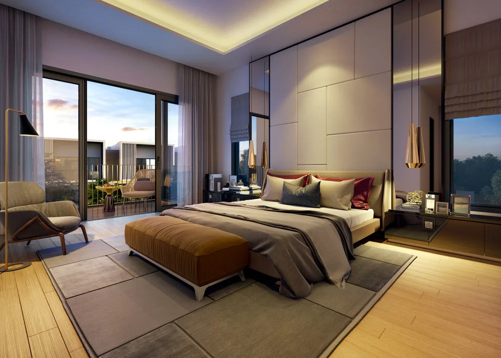 Alstonia Hilltop Homes @ Bukit Rahman Putra This image shows a bedroom interior with a bed, chair, and balcony. in Shah Alam, Freehold property development, render