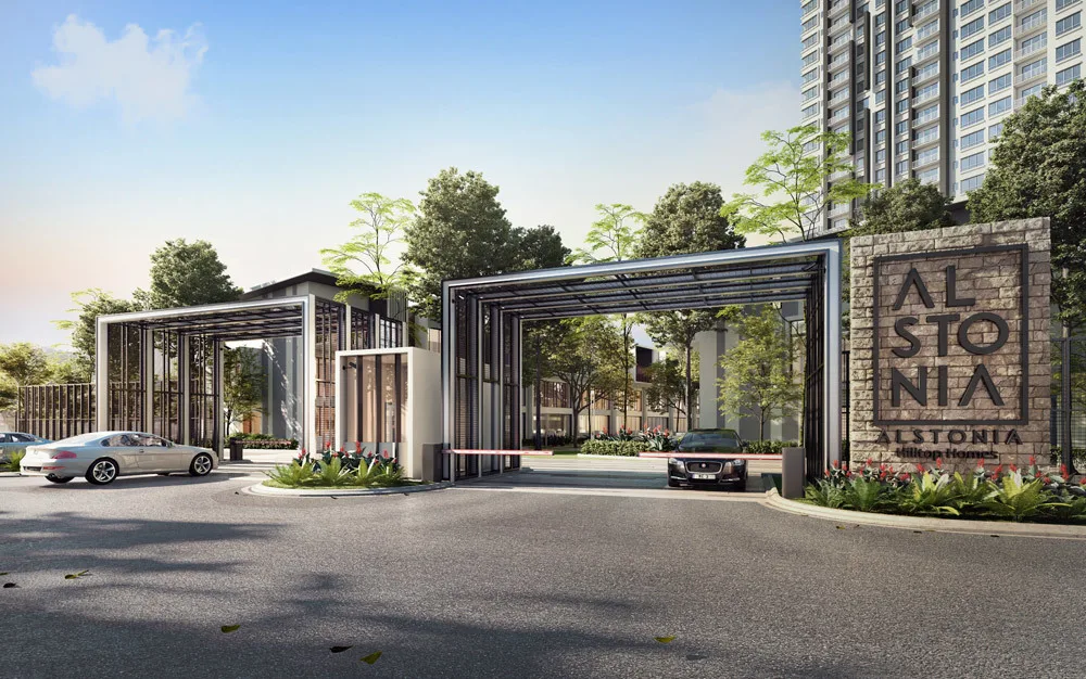 Alstonia Hilltop Homes @ Bukit Rahman Putra Shows the entrance to Alstonia Hilltop Homes with the building in the background. in Shah Alam, Freehold property development, render