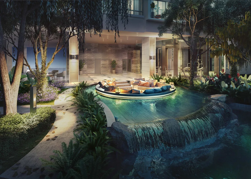 Alstonia Hilltop Homes @ Bukit Rahman Putra Image shows a water feature with a circular seating area in front of the building entrance. in Shah Alam, Freehold property development, render