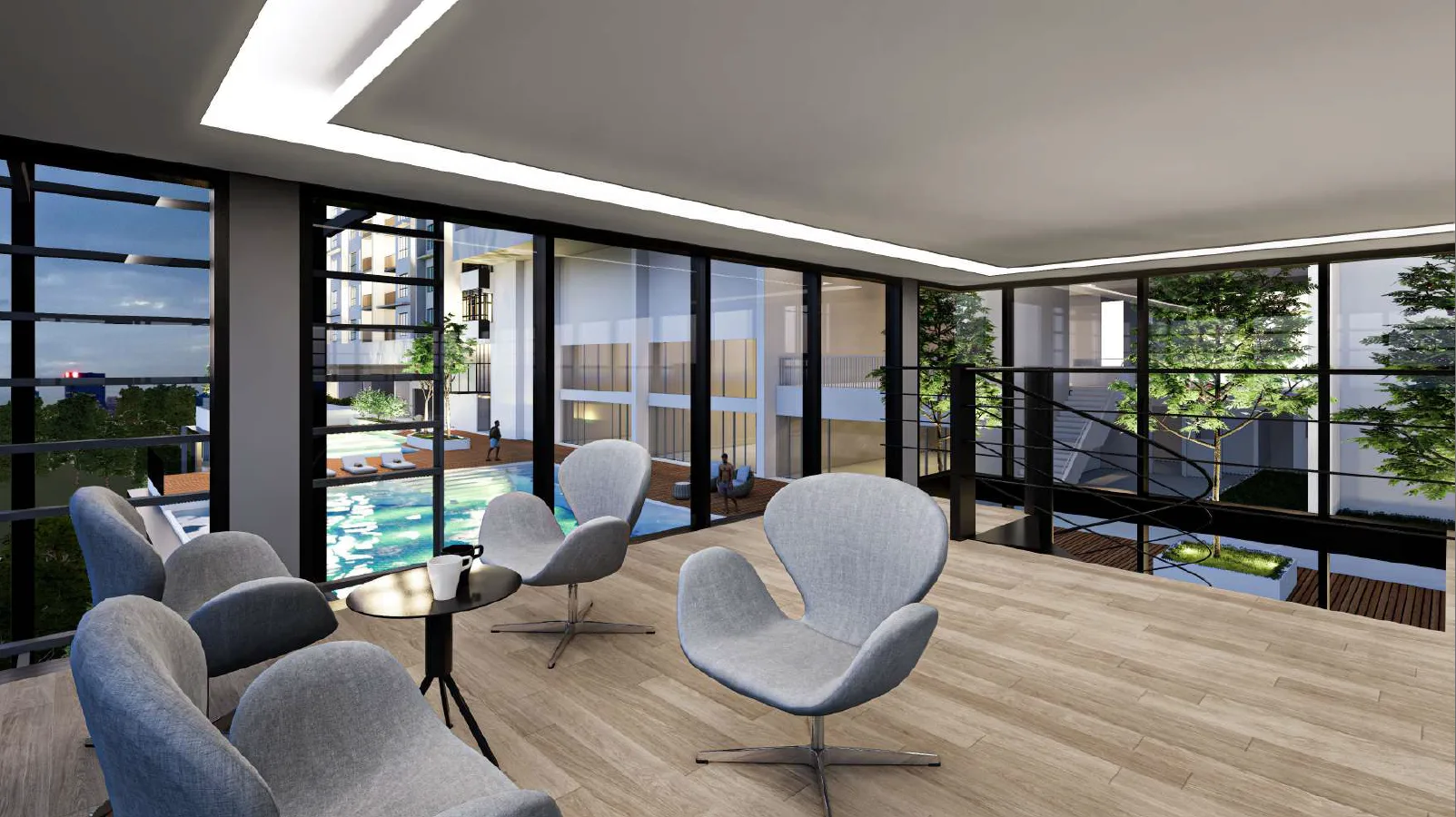 Ambience Residence Lounge area with chairs and view of the swimming pool and garden. in Sungai Besi, Freehold property development, render