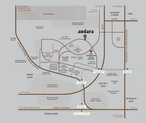Andara Residence This is a location map showing the Andara Residence in Petaling Jaya and its surrounding amenities, including schools, golf courses, shopping malls, and LRT stations. in Petaling Jaya, Freehold property development, location-map