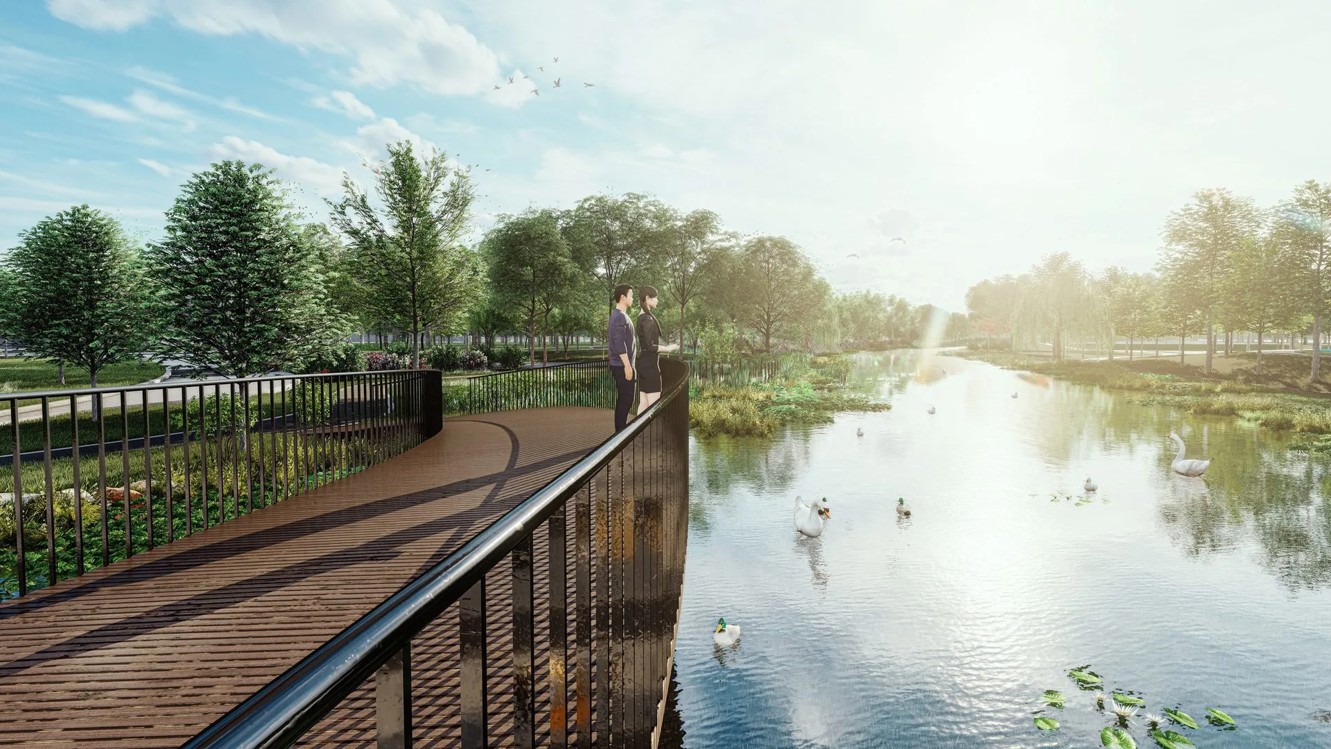 Anggun Residences, Design Village Render of a bridge over a river with swans, part of the Anggun Residences development. in Simpang Ampat, Leasehold property development, render
