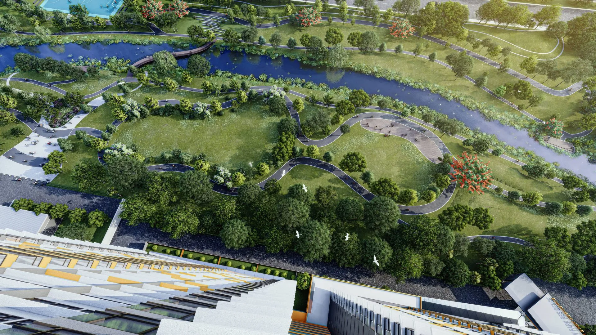 Anggun Residences, Design Village Aerial view of the park and surrounding landscape, including a river and walking paths, next to the building. in Simpang Ampat, Leasehold property development, render