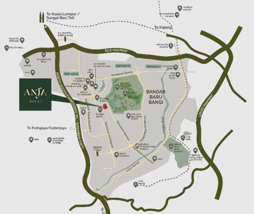 Anja Residence This image shows a location map of Anja Residence in Bandar Baru Bangi, highlighting nearby amenities and major roads. in Bandar Baru Bangi, Leasehold property development, location-map