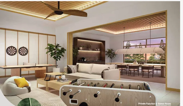 Anya @ Shorea Park Private function and games room with foosball table, dart board, ping pong table, sofa, and dining area. in Puchong, Freehold property development, render