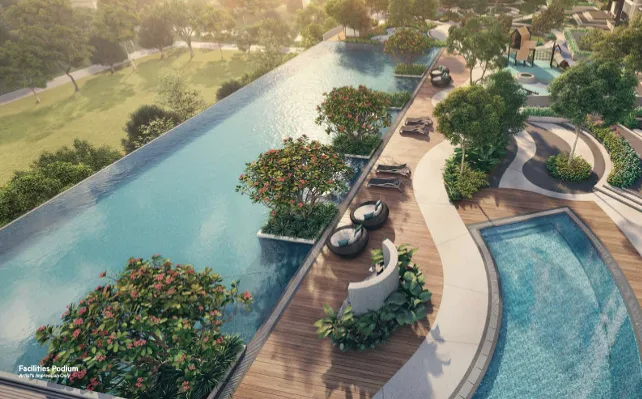 Anya @ Shorea Park Aerial view of the podium facilities including an infinity pool, wading pool, and playground. in Puchong, Freehold property development, render