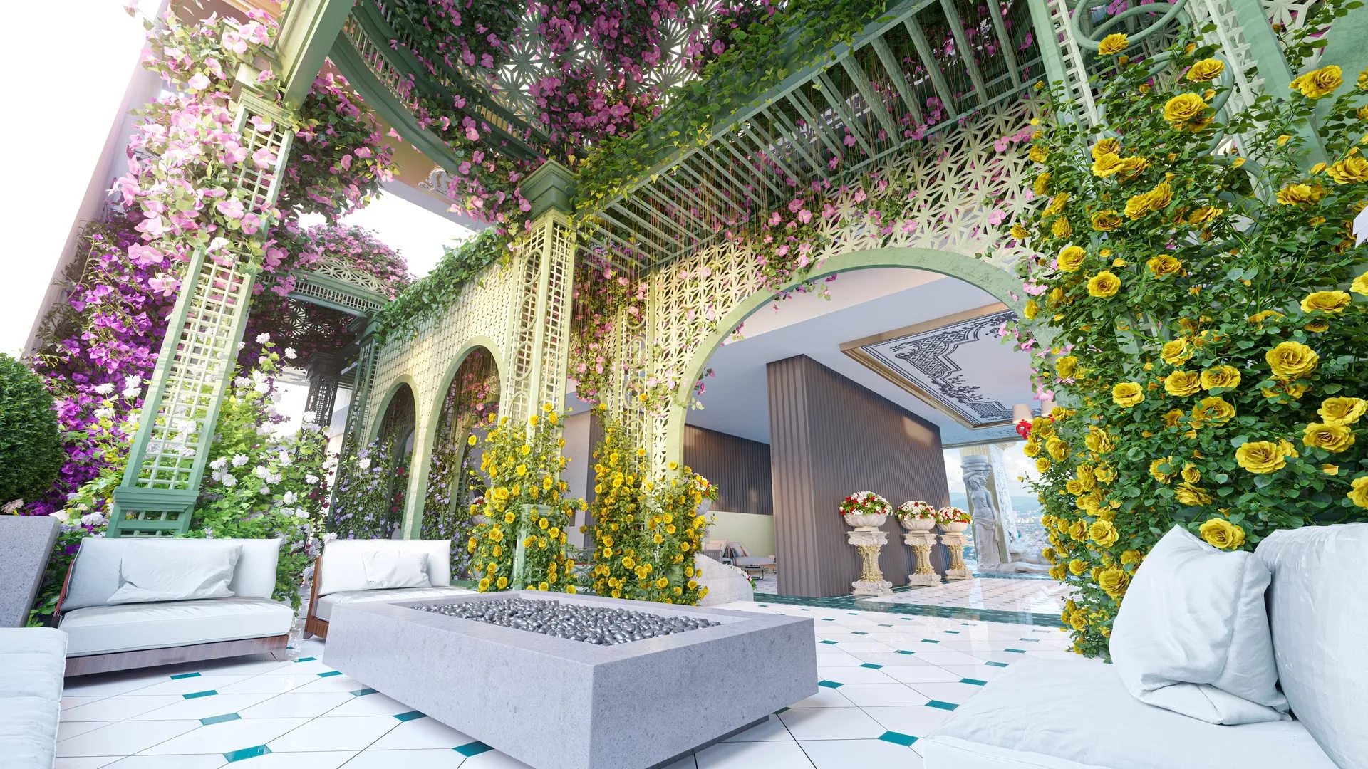 Arte Solaris Render of a lounge area with floral decorations and a view into an interior space. in Mont Kiara, Leasehold property development, render