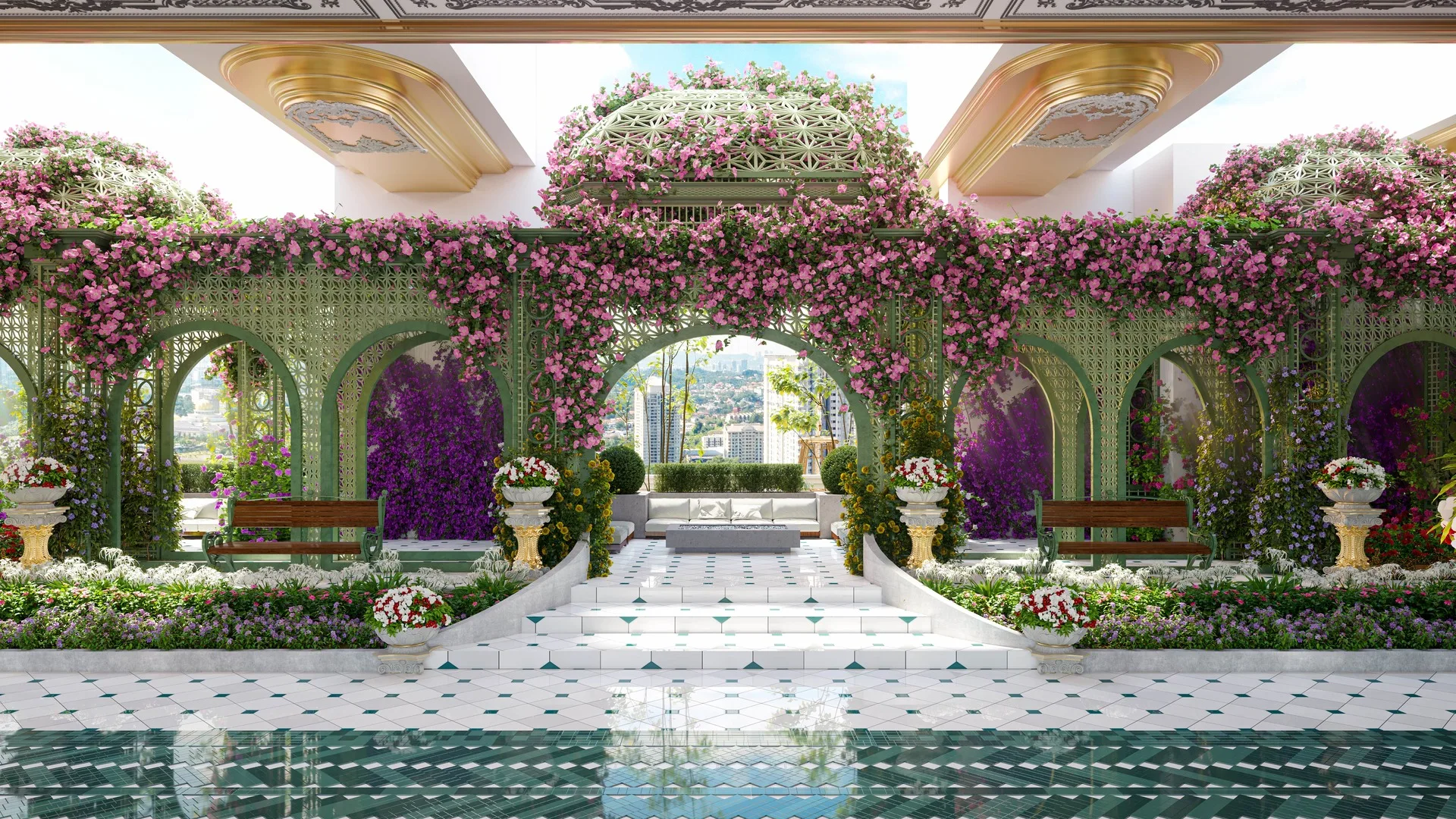 Arte Solaris Render of a garden area with arches, flowers, benches, and a water feature. in Mont Kiara, Leasehold property development, render
