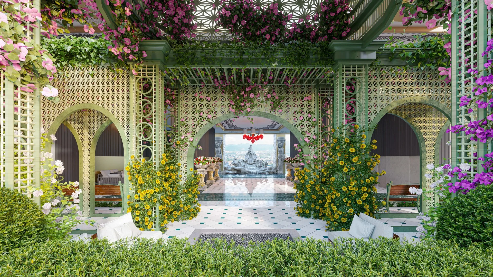 Arte Solaris Render of a garden lounge area with decorative trellis and archways, leading to an interior space. in Mont Kiara, Leasehold property development, render