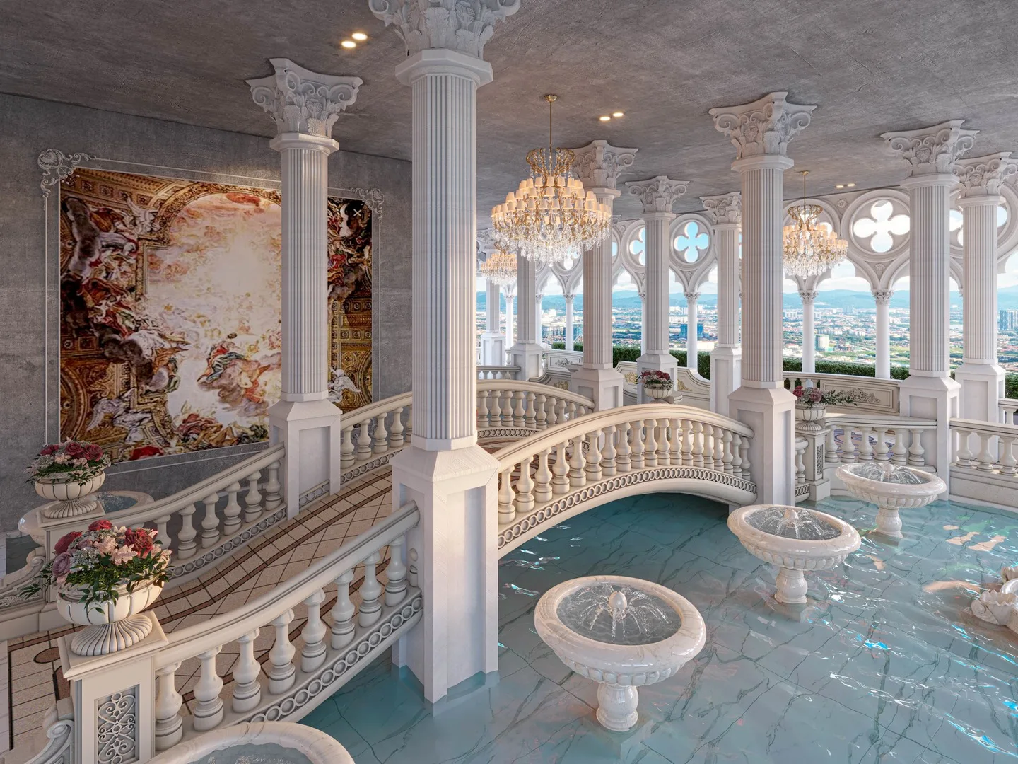 Arte Solaris Indoor water feature with bridge and ornate columns in Mont Kiara, Leasehold property development, render