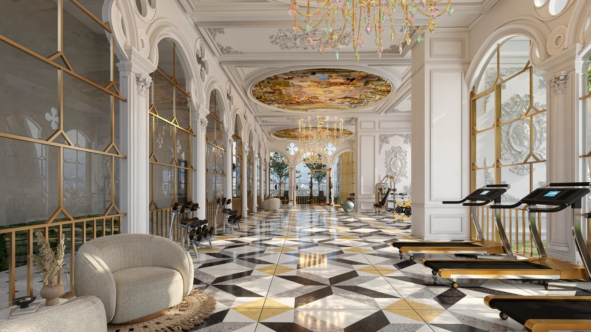 Arte Solaris The image shows the interior of a luxurious gym with treadmills overlooking the city. in Mont Kiara, Leasehold property development, render