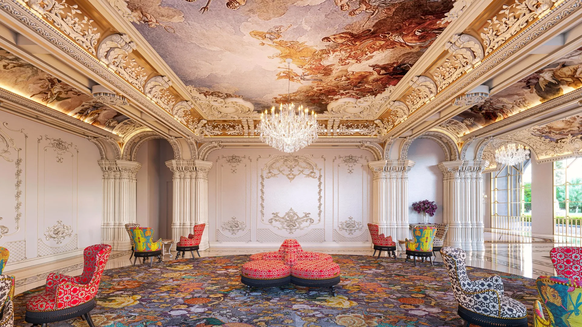 Arte Solaris This image shows the interior of a luxurious lobby with ornate ceilings, chandeliers, and seating areas. in Mont Kiara, Leasehold property development, render