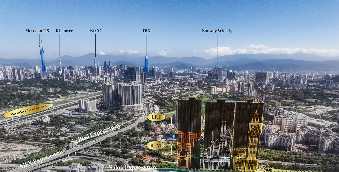 Arte Star Aerial view of the property development in Kuala Lumpur, showing its location relative to landmarks like Merdeka 118, KL Tower, KLCC, TRX, and Sunway Velocity, as well as nearby expressways and transportation hubs. in Kuala Lumpur, Leasehold property development, location-map
