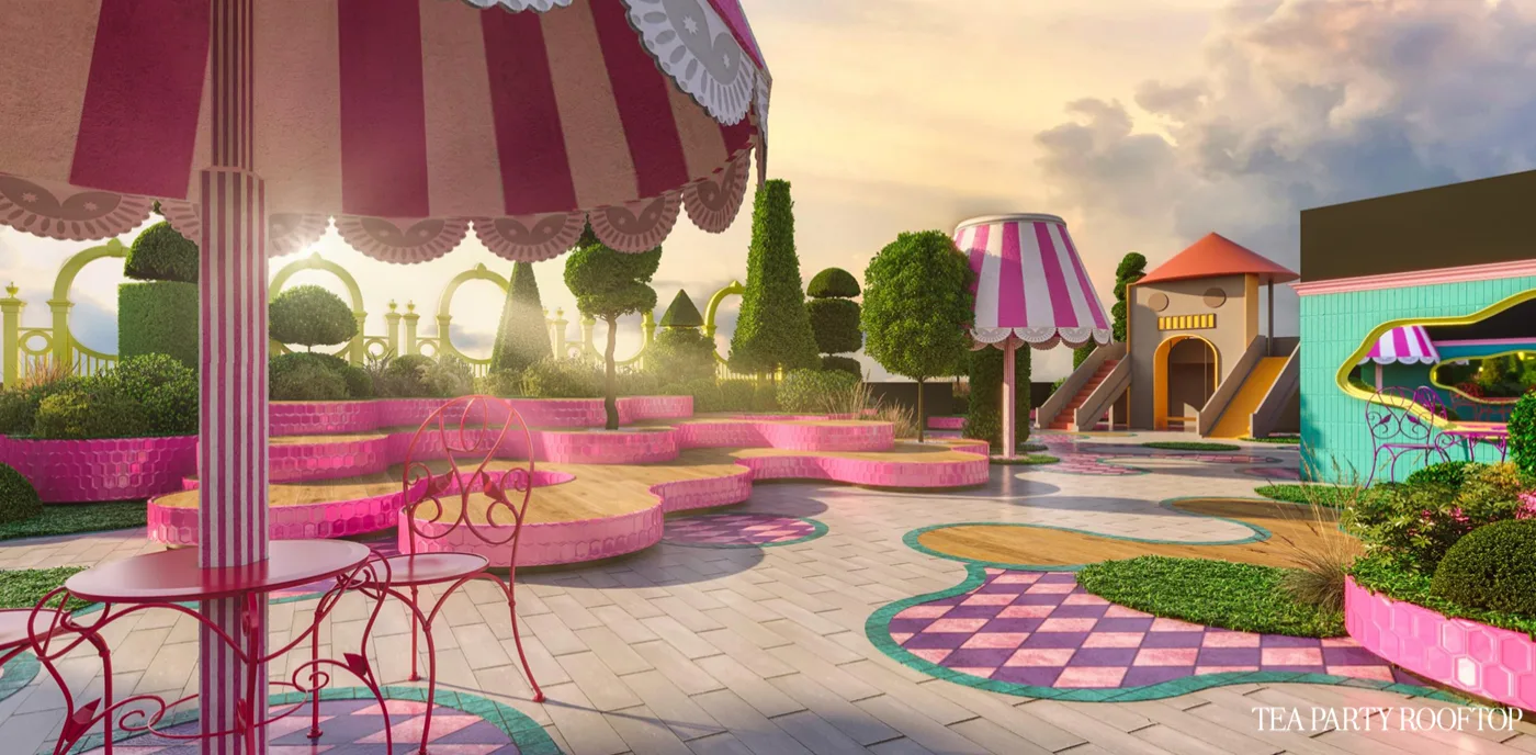 Arte Star Image shows a rooftop tea party themed garden with pink and white striped umbrellas, tiered seating, and a play area. in Kuala Lumpur, Leasehold property development, render