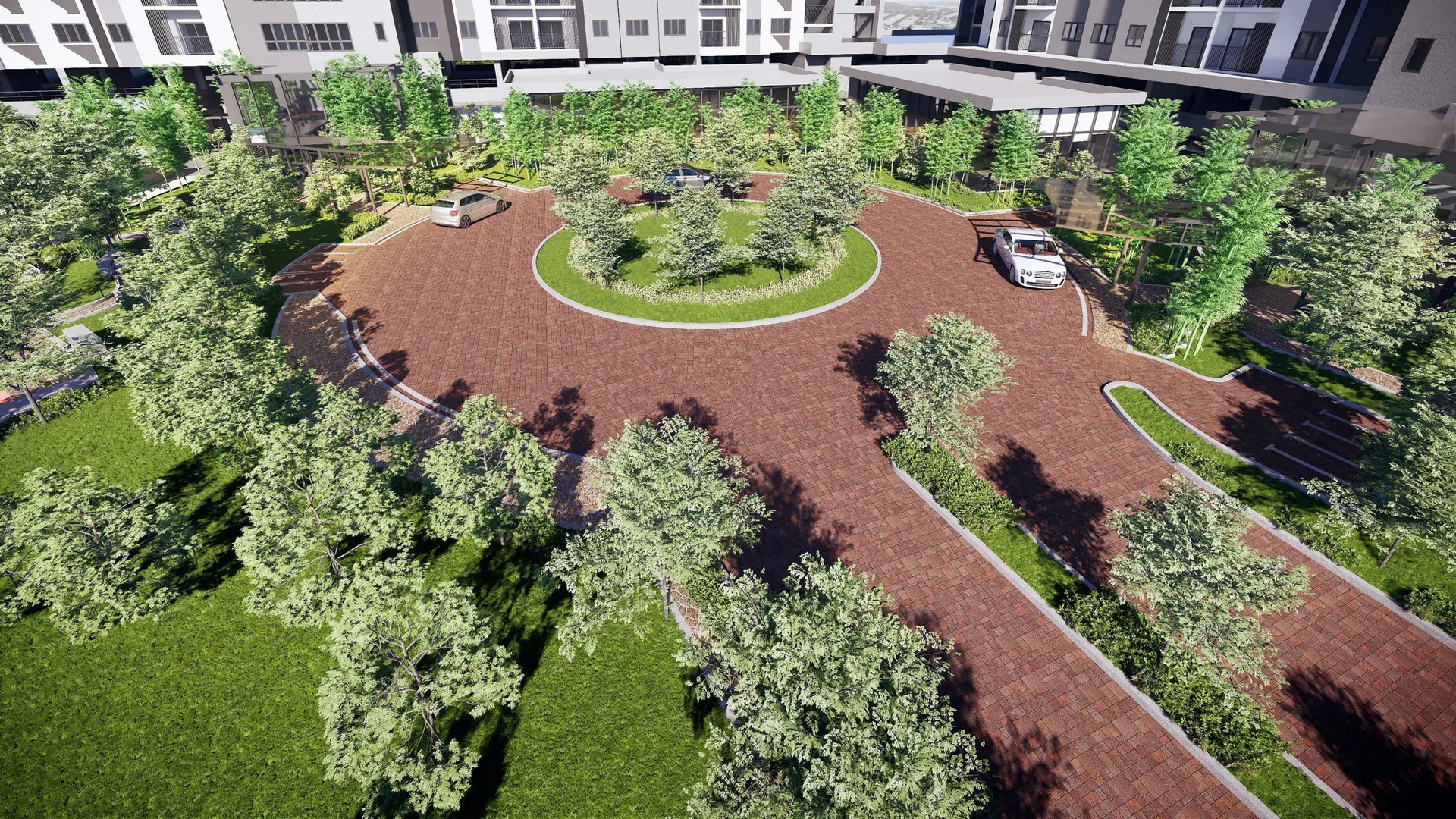 Aster Hill Aerial view of the property entrance with a roundabout and landscaping. in Kuala Lumpur, Freehold property development, render