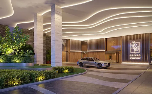 Alora Residences This image shows the entrance of Alora Residences with a car parked in front. The entrance features modern design with unique ceiling lights and landscaping. in Subang Jaya, Freehold property development, render