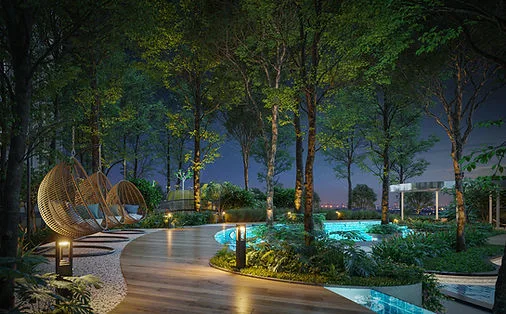 Alora Residences Image shows the swimming pool area at night with hanging chairs and lush greenery. in Subang Jaya, Freehold property development, render