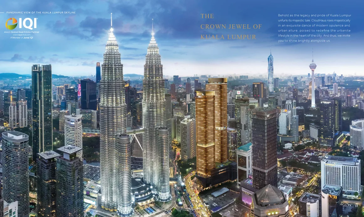 CloutHaus@KLCC Aerial view of Kuala Lumpur city skyline featuring the Petronas Twin Towers and other skyscrapers. in KLCC, Freehold property development, photo