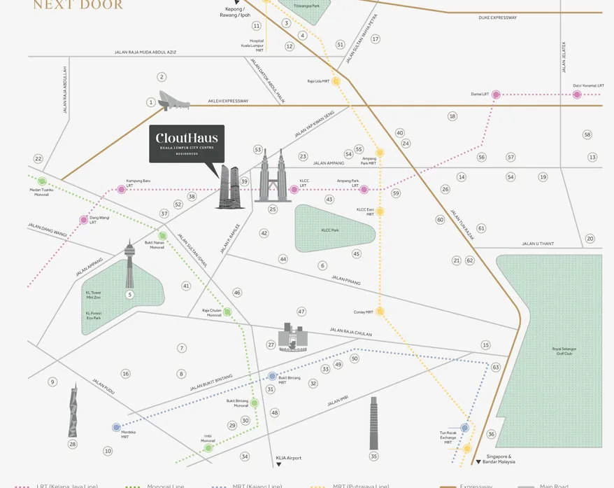 CloutHaus@KLCC This is a location map showing the proximity of CloutHaus to KLCC and other landmarks, as well as nearby transportation options. in KLCC, Freehold property development, location-map