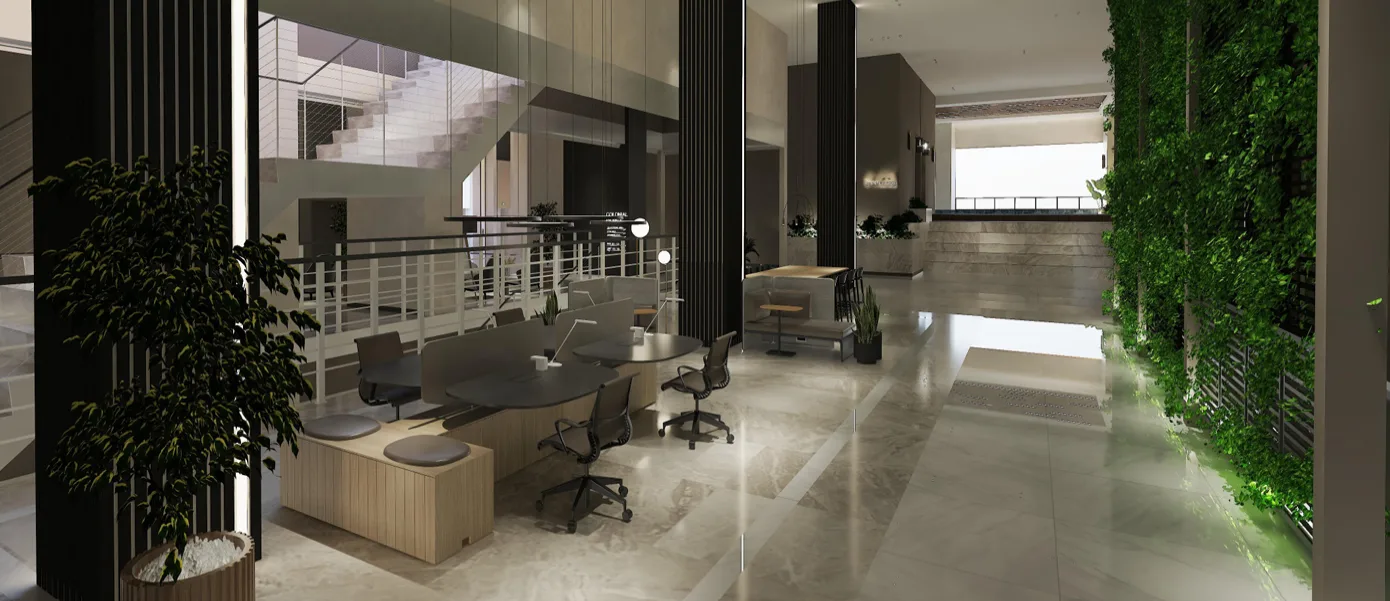 Colonial Infinite @ Edumetro This image shows the lobby area with desks, chairs, a staircase, and a green wall., Leasehold property development, render