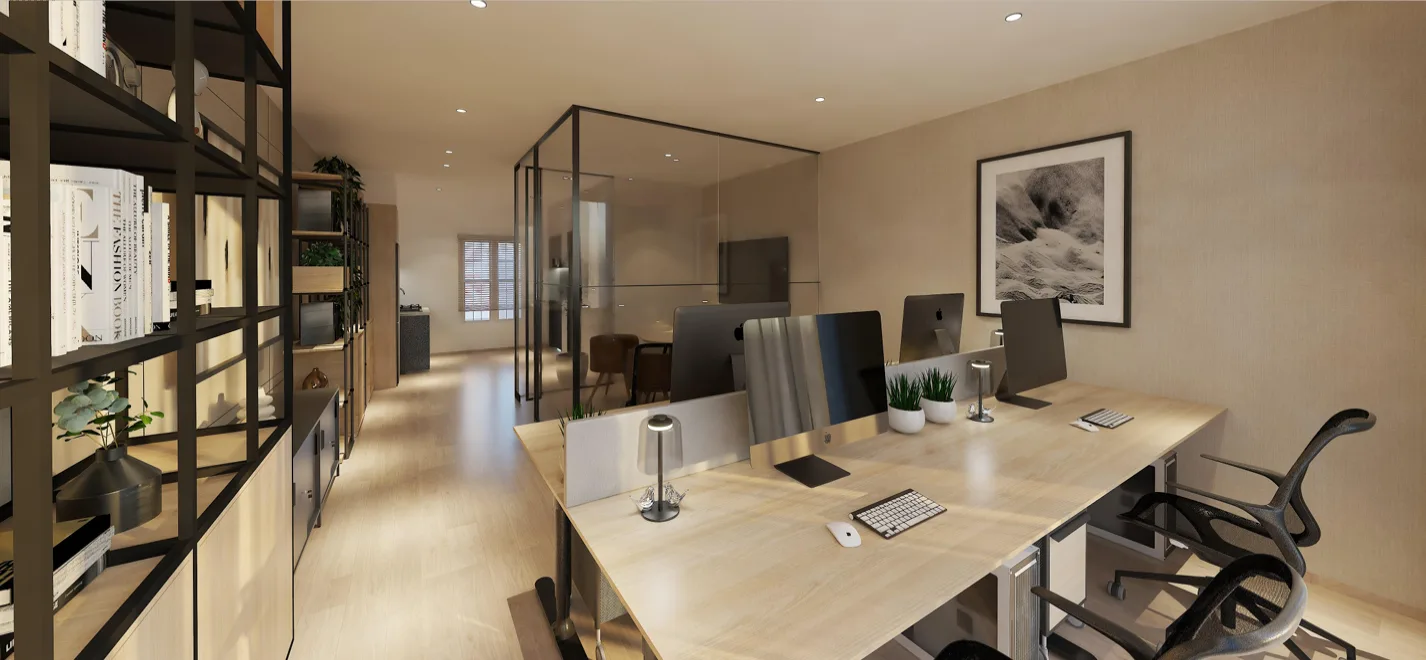 Colonial Infinite @ Edumetro Image shows an office space with desks, computers, chairs, and a bookshelf. There is a glass-enclosed meeting room in the background., Leasehold property development, render