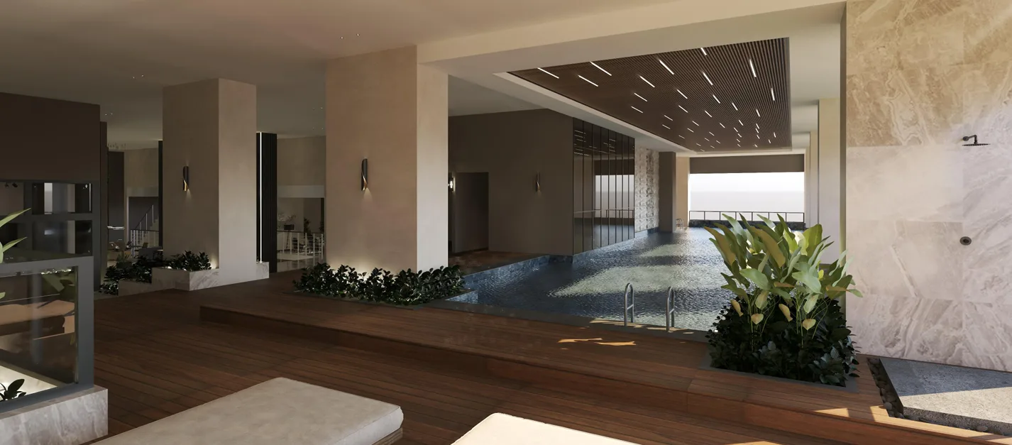 Colonial Infinite @ Edumetro This image shows the swimming pool area with wooden decking, plants, and a view of the ocean., Leasehold property development, render