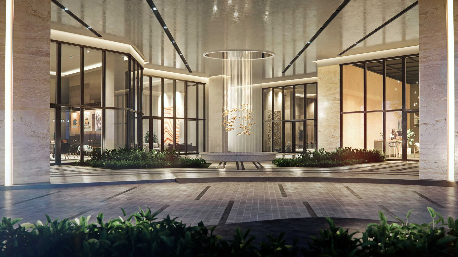 Core Residence at TRX building entrance with water feature and landscaping, Freehold property development, render