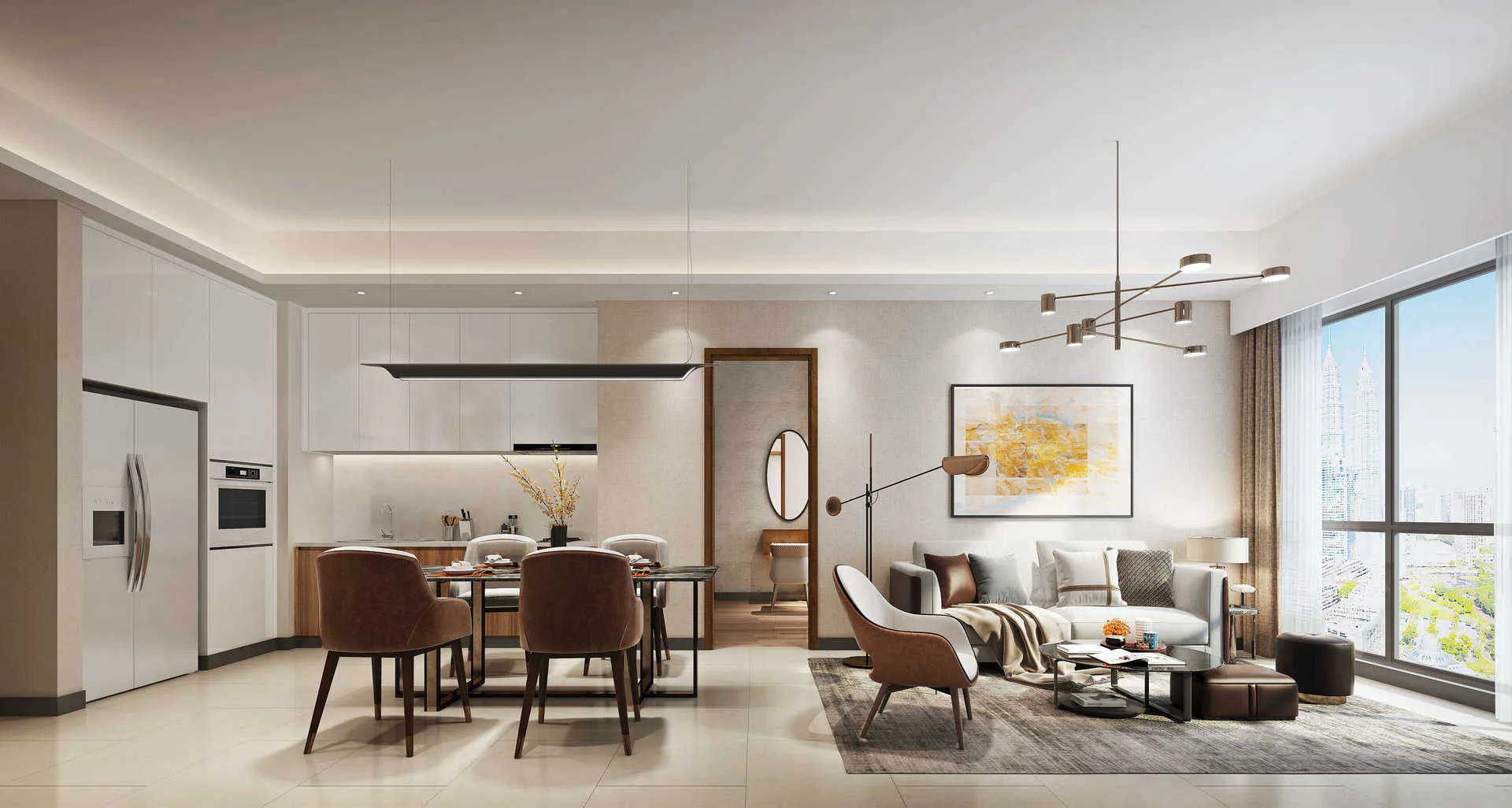 Core Residence at TRX This image shows the interior of a unit, featuring a living room, dining area, and kitchen., Freehold property development, render