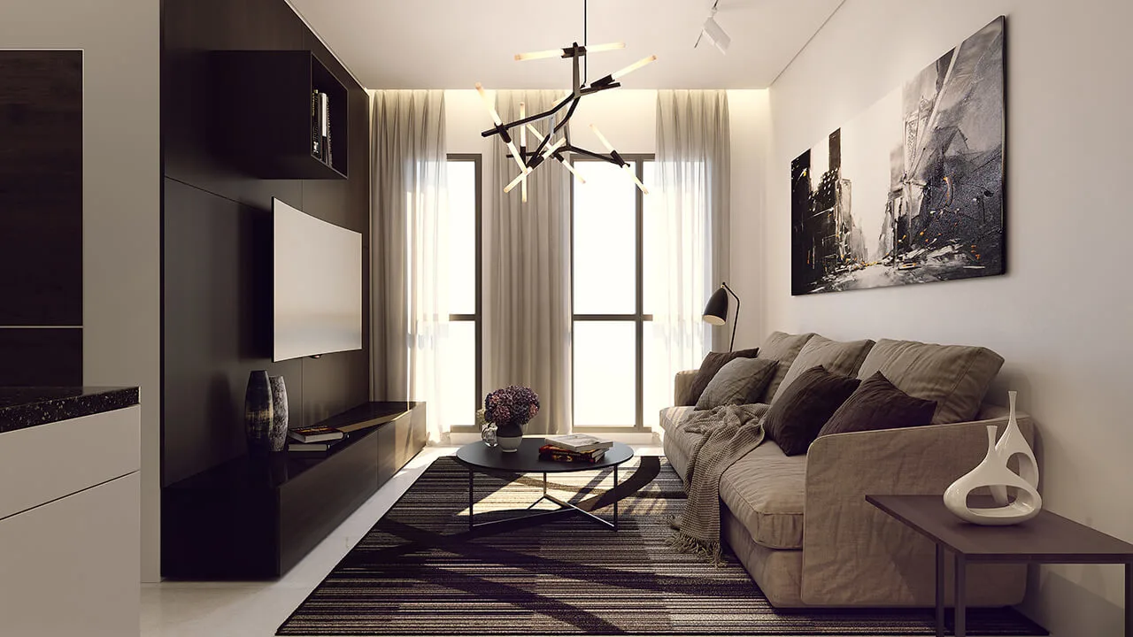 Your Precious Moment of Life Begins Here Living room with sofa, TV, and modern decor. in Sungai Besi, Leasehold property development, render