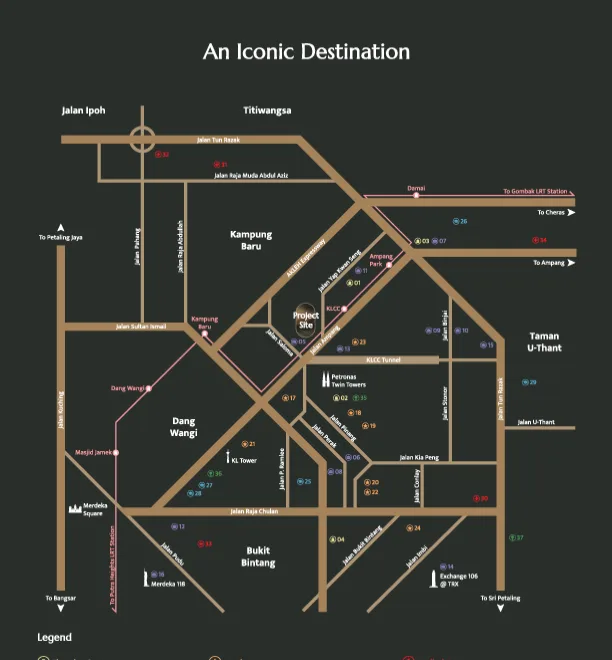 Dawn KLCC This is a location map showing the project site in relation to KLCC and surrounding areas like Bukit Bintang, Kampung Baru, and Taman U-Thant. in KLCC, Freehold property development, location-map
