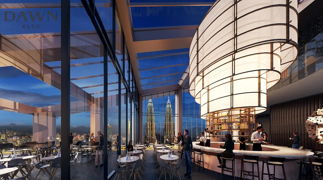 Dawn KLCC Image shows the interior of a rooftop bar/restaurant with views of the Petronas Twin Towers. in KLCC, Freehold property development, render