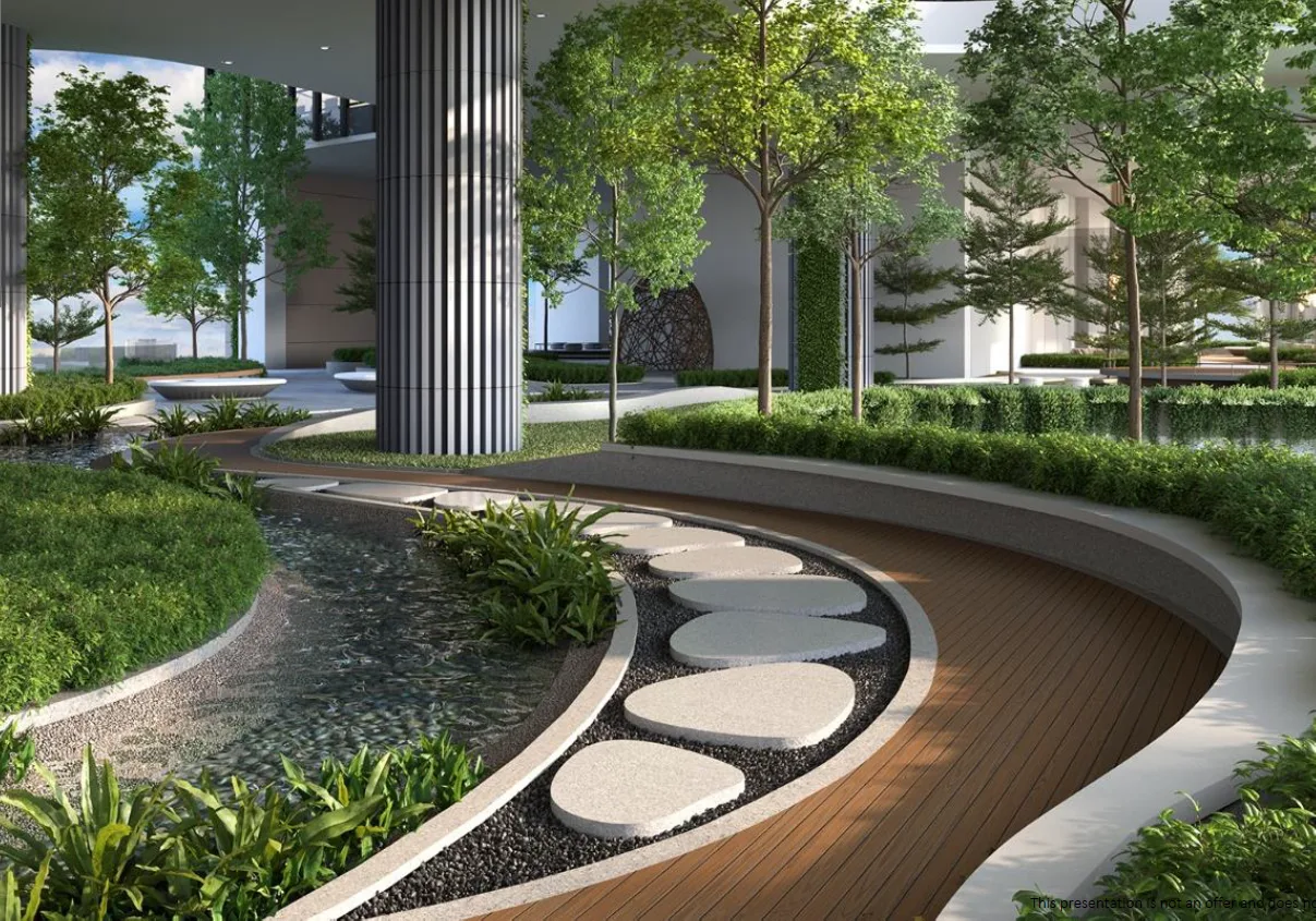 Duo Tower @ Bangsar South Image shows a landscaped garden area with a water feature, stepping stones, and greenery. in Kampung Kerinchi (Bangsar South), Leasehold property development, render