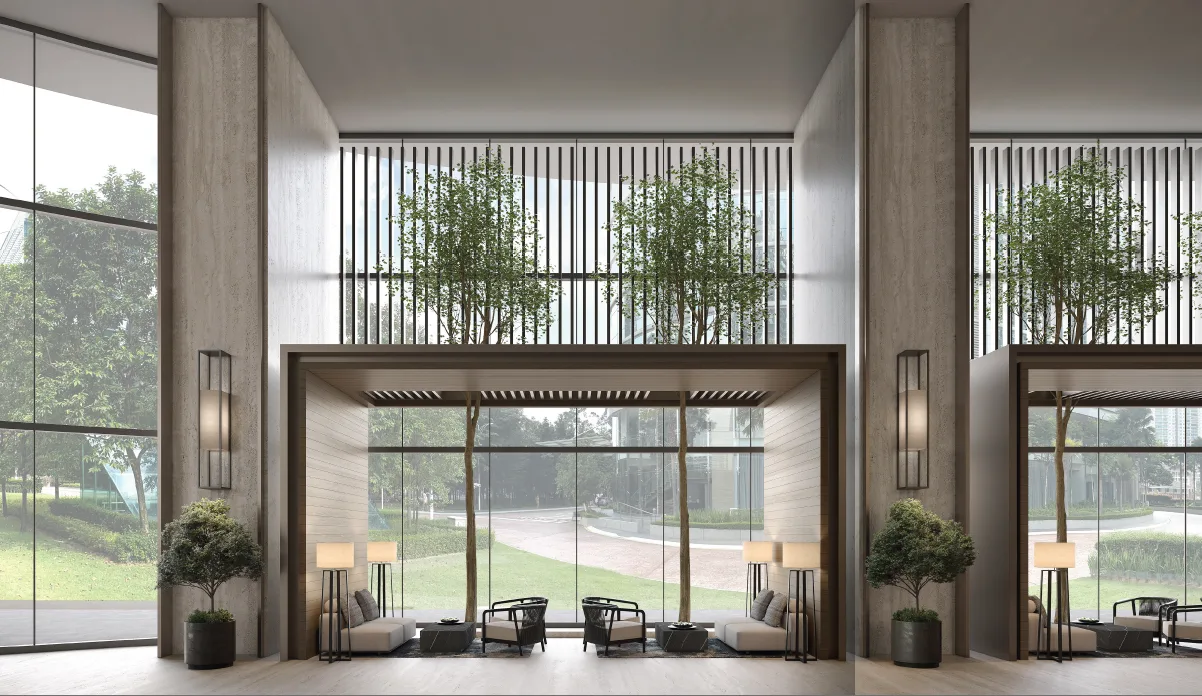 Duo Tower @ Bangsar South The image shows the lobby area of Duo Tower @ Bangsar South, featuring a seating area, large windows, and indoor plants. in Kampung Kerinchi (Bangsar South), Leasehold property development, render