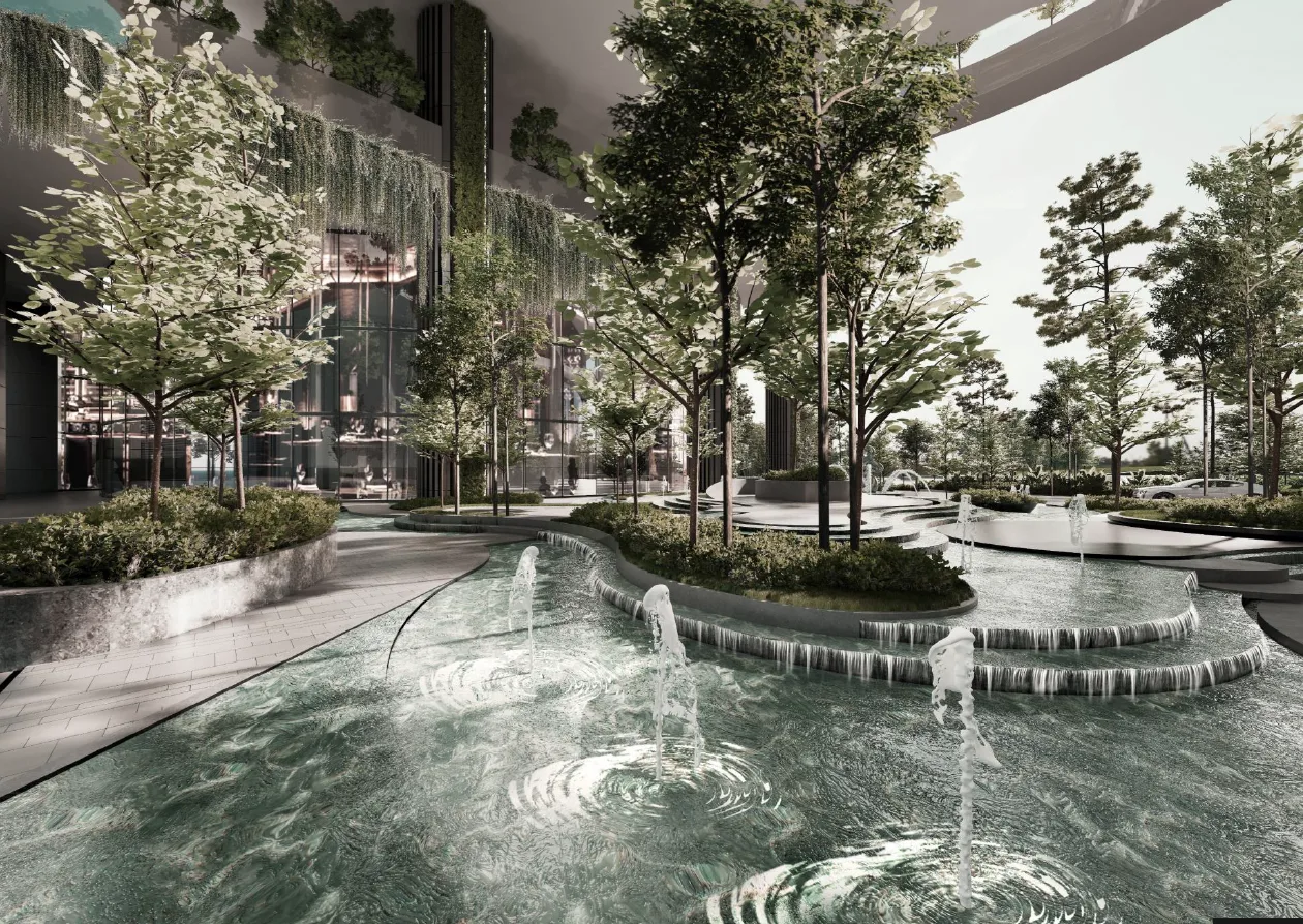 Duo Tower @ Bangsar South Shows a water feature with trees and greenery in front of the building. in Kampung Kerinchi (Bangsar South), Leasehold property development, render