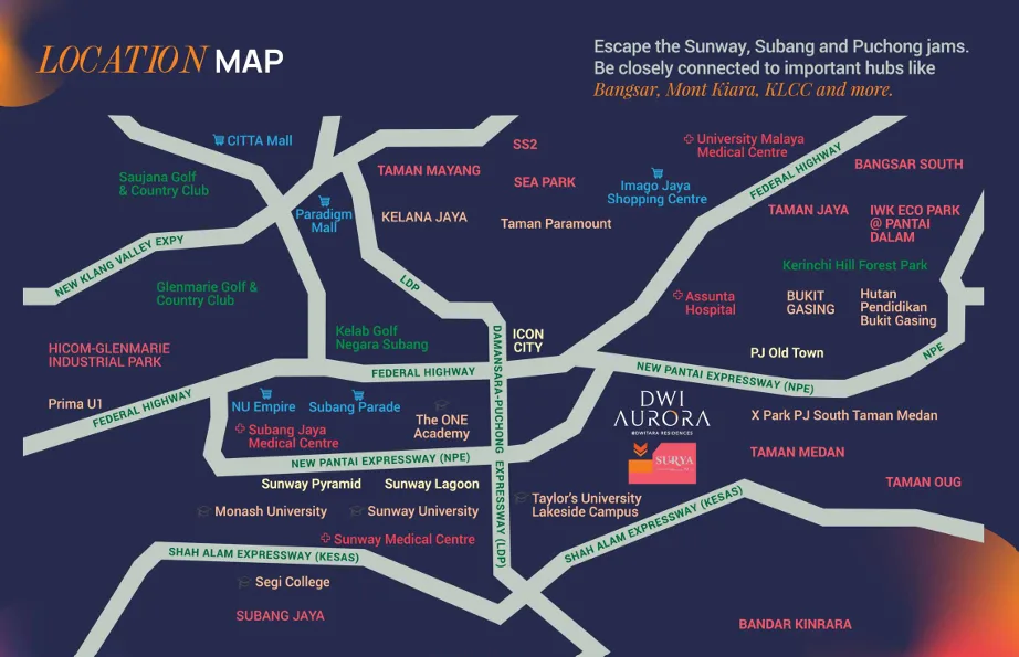 Dwi Aurora Residence @ Petaling Jaya Location map showing the proximity of Dwi Aurora Residence to nearby landmarks and highways. in Petaling Jaya, Leasehold property development, location-map