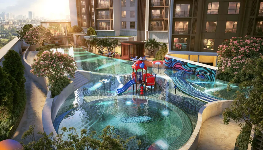 Dwi Aurora Residence @ Petaling Jaya The image shows a swimming pool with a slide and a children's play area, located on the rooftop of the building. in Petaling Jaya, Leasehold property development, render