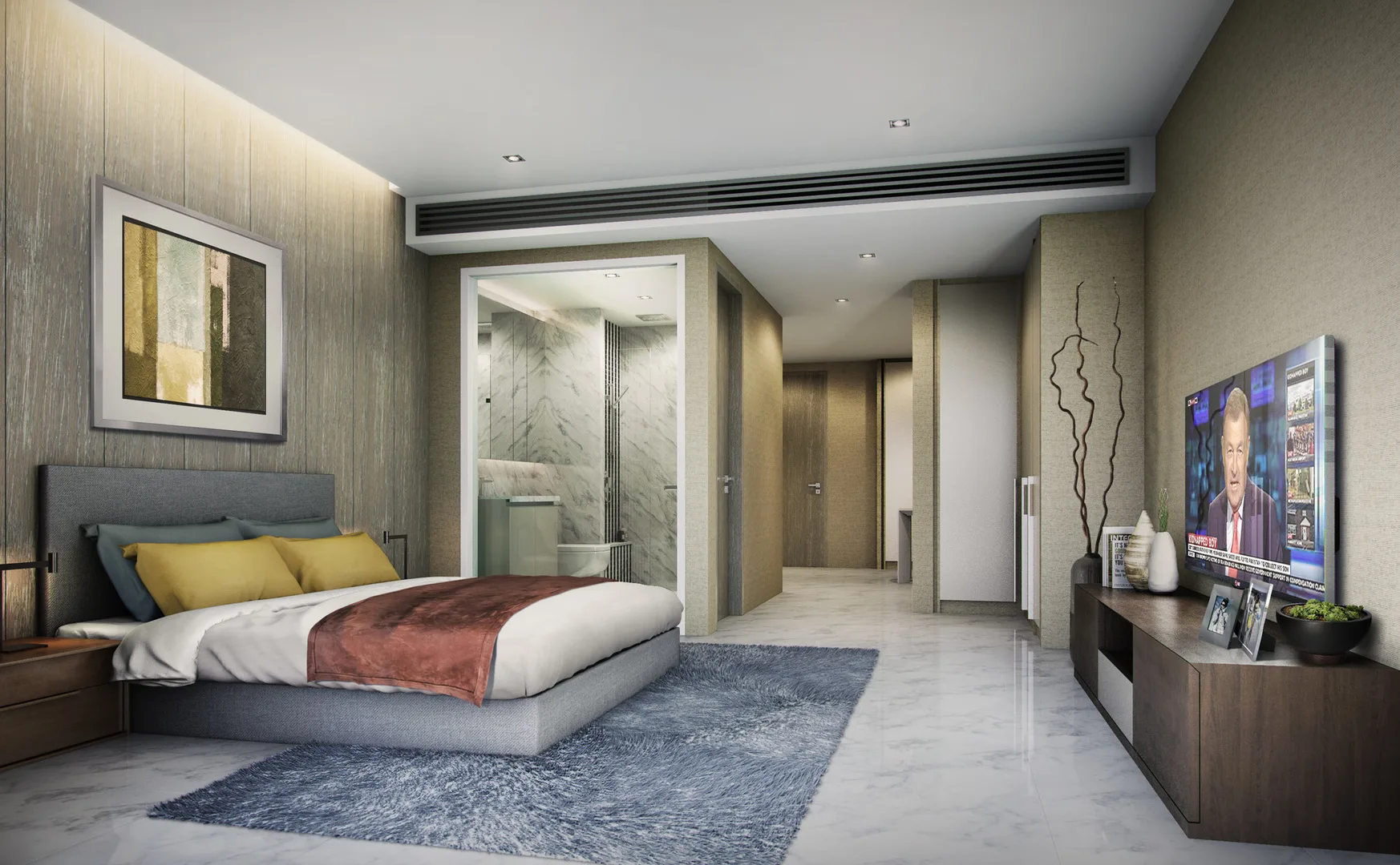 Eaton Residences @ 28 Jalan Kia Peng, Kuala Lumpur A bedroom with a bed, TV, and ensuite bathroom. in KLCC, Leasehold property development, render