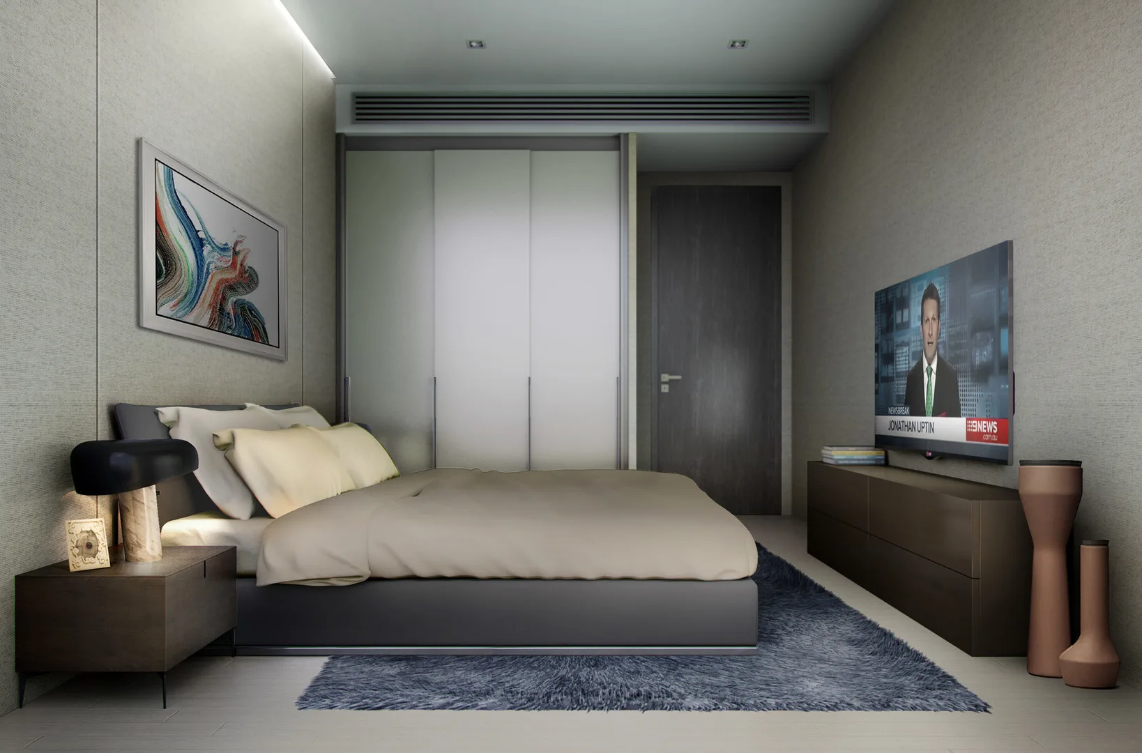 Eaton Residences @ 28 Jalan Kia Peng, Kuala Lumpur A bedroom interior with a bed, wardrobe, TV, and side table. in KLCC, Leasehold property development, render