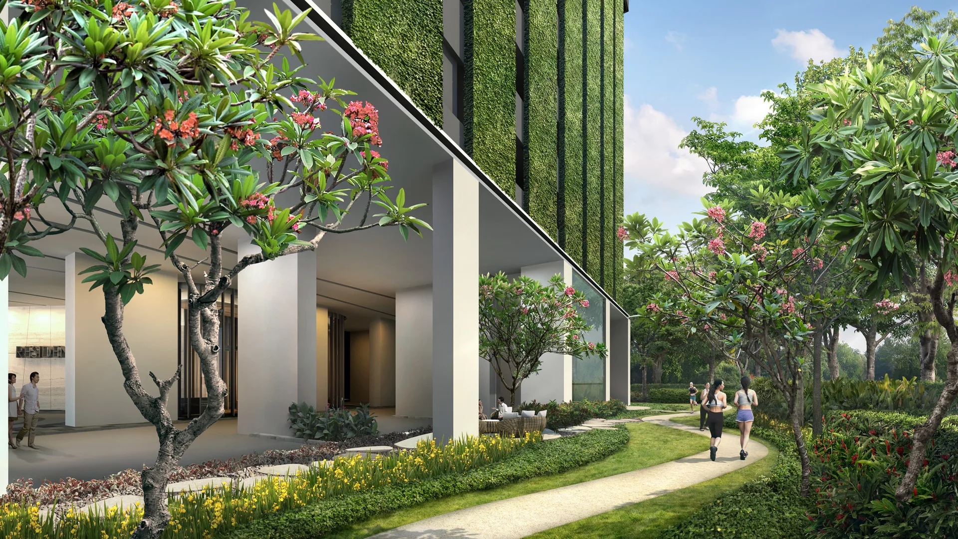 Eaton Residences @ 28 Jalan Kia Peng, Kuala Lumpur Shows the exterior of the building with a green wall and a walking path with people jogging. in KLCC, Leasehold property development, render
