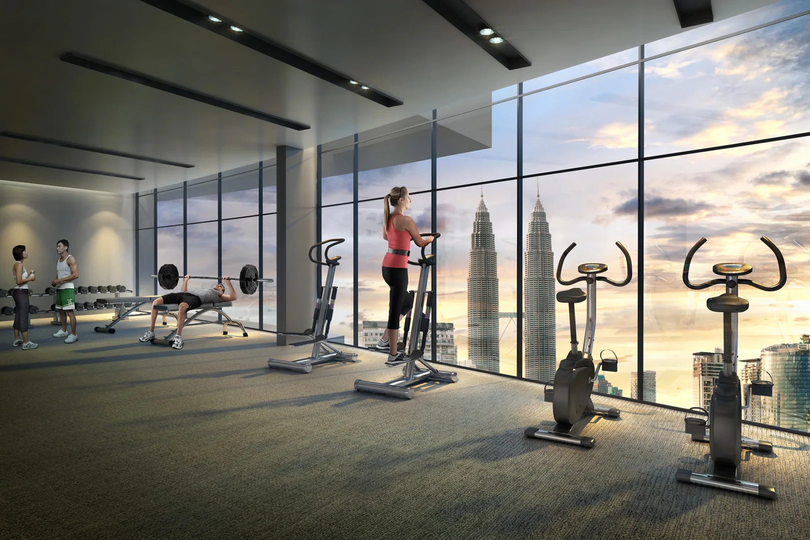 Eaton Residences @ 28 Jalan Kia Peng, Kuala Lumpur The image shows the gym with a view of the Petronas Twin Towers. in KLCC, Leasehold property development, render