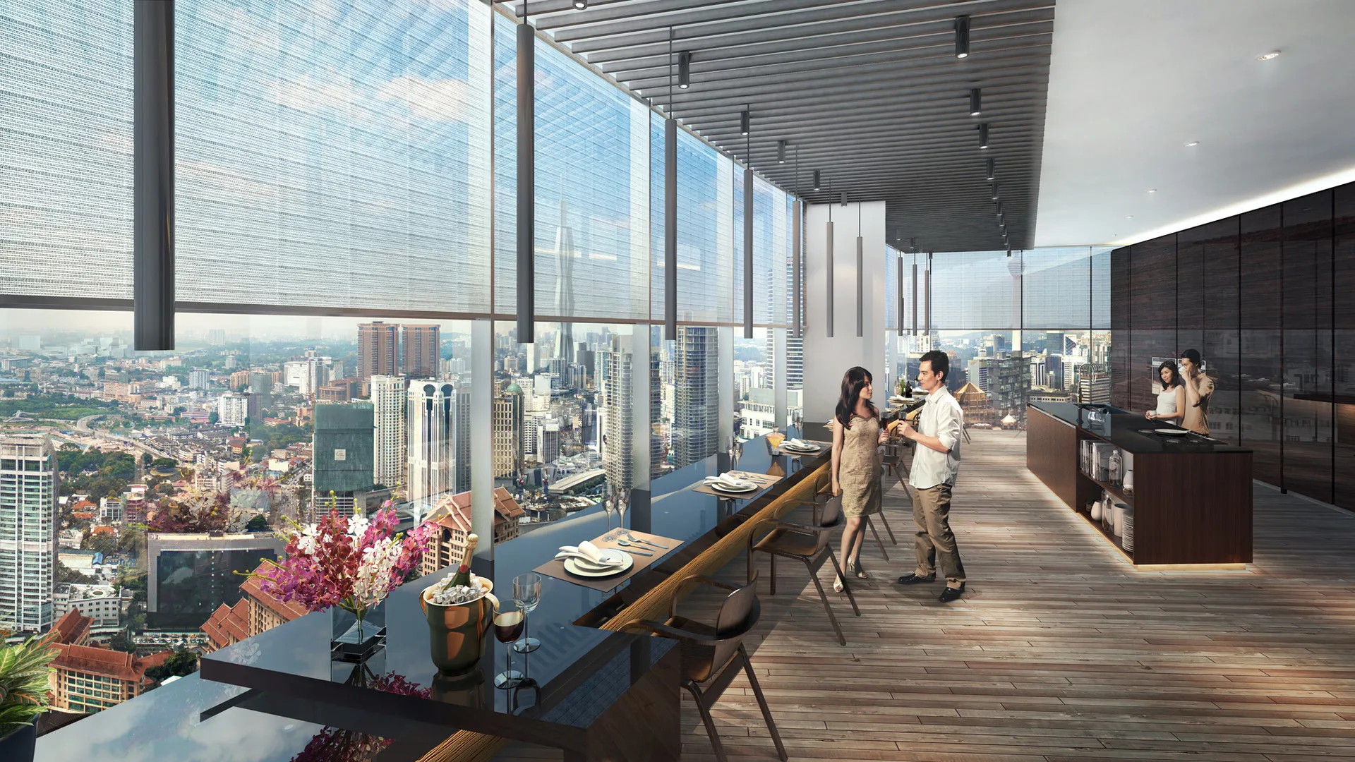 Eaton Residences @ 28 Jalan Kia Peng, Kuala Lumpur Interior render of a high-rise dining area with city view in KLCC, Leasehold property development, render
