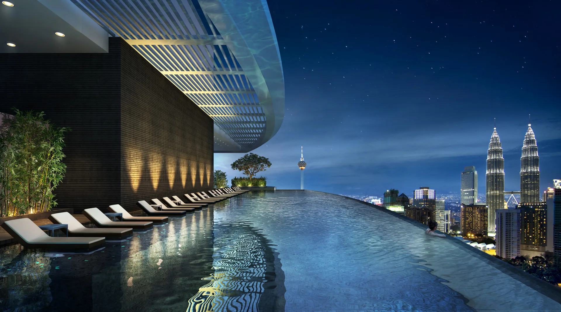 Eaton Residences @ 28 Jalan Kia Peng, Kuala Lumpur Infinity pool with city view at night, including the Petronas Towers and KL Tower. in KLCC, Leasehold property development, render